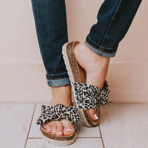 Shoes - Black Cheetah Slip On Linen Fabric Bow Sandals